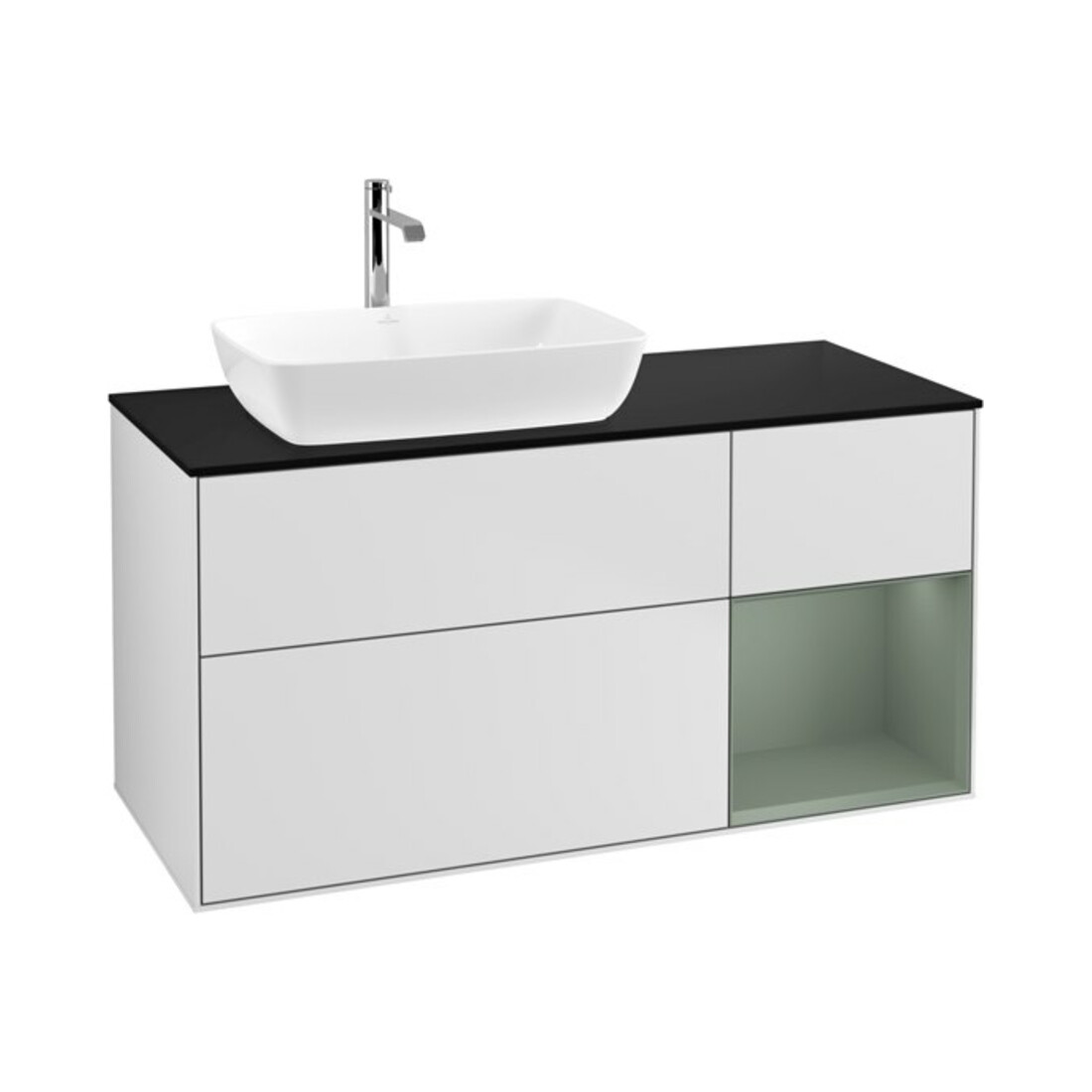 V&B Waschtischunterschrank Wandbeleuchtung Finion 120cm, Pl b m, Reg Oli. m Lac, wh. m Lac