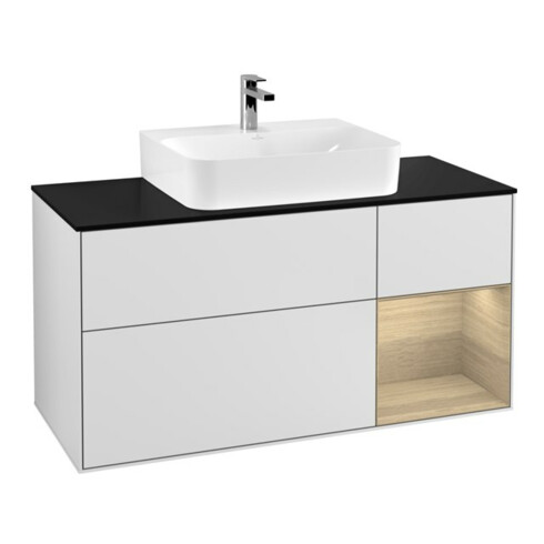 V&B Waschtischunterschrank Wandbeleuchtung Finion 120cm, Pl b m, Reg re Oa ven, wh. m Lac