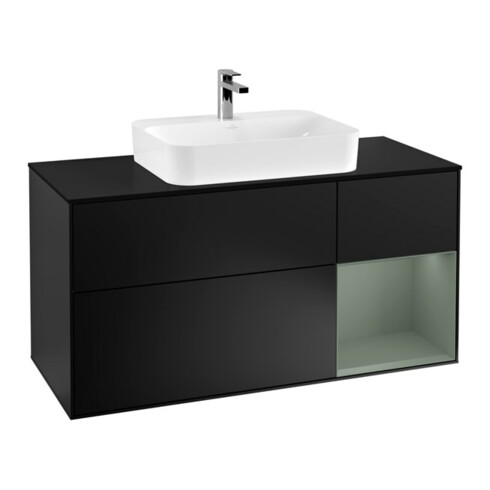 V&B Waschtischunterschrank Wandbeleuchtung Finion 120cm, Pl b m, Reg re Oli. m, bla m Lac