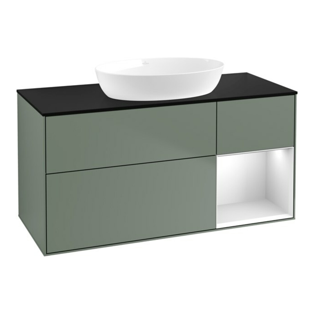 V&B Waschtischunterschrank Wandbeleuchtung Finion 120cm, Pl b m, Reg wh. m Lac, Oli. m Lac