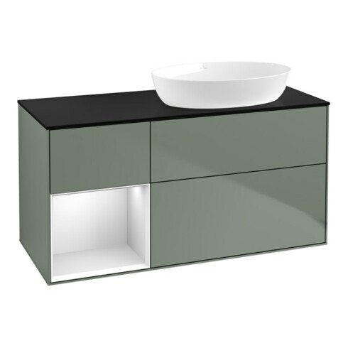 V&B Waschtischunterschrank Wandbeleuchtung Finion 120cm, Pl b m, Reg wh. m Lac, Oli. m Lac