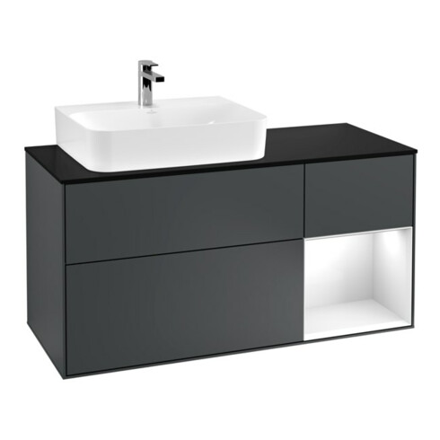 V&B Waschtischunterschrank Wandbeleuchtung Finion 120cm, Pl b m, Rg l g w La, md bl. m Lac