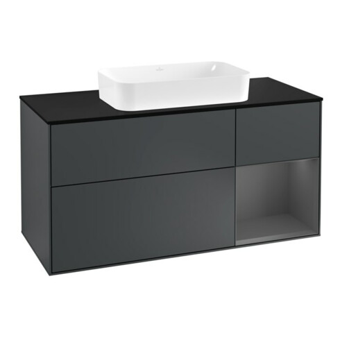 V&B Waschtischunterschrank Wandbeleuchtung Finion 120cm, Pl b m, Rg r A m, md bl. m Lac