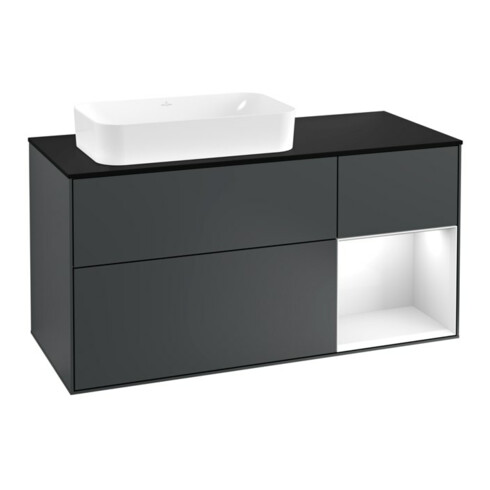 V&B Waschtischunterschrank Wandbeleuchtung Finion 120cm, Pl b m, Rg r g w La, md bl. m Lac