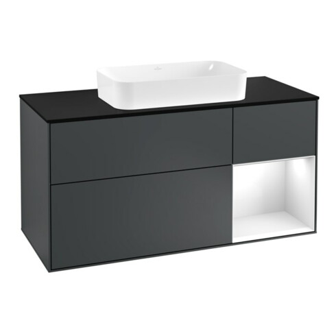 V&B Waschtischunterschrank Wandbeleuchtung Finion 120cm, Pl b m, Rg r g w La, md bl. m Lac