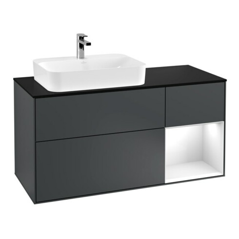 V&B Waschtischunterschrank Wandbeleuchtung Finion 120cm, Pl b m, Rg r g w La, md bl. m Lac