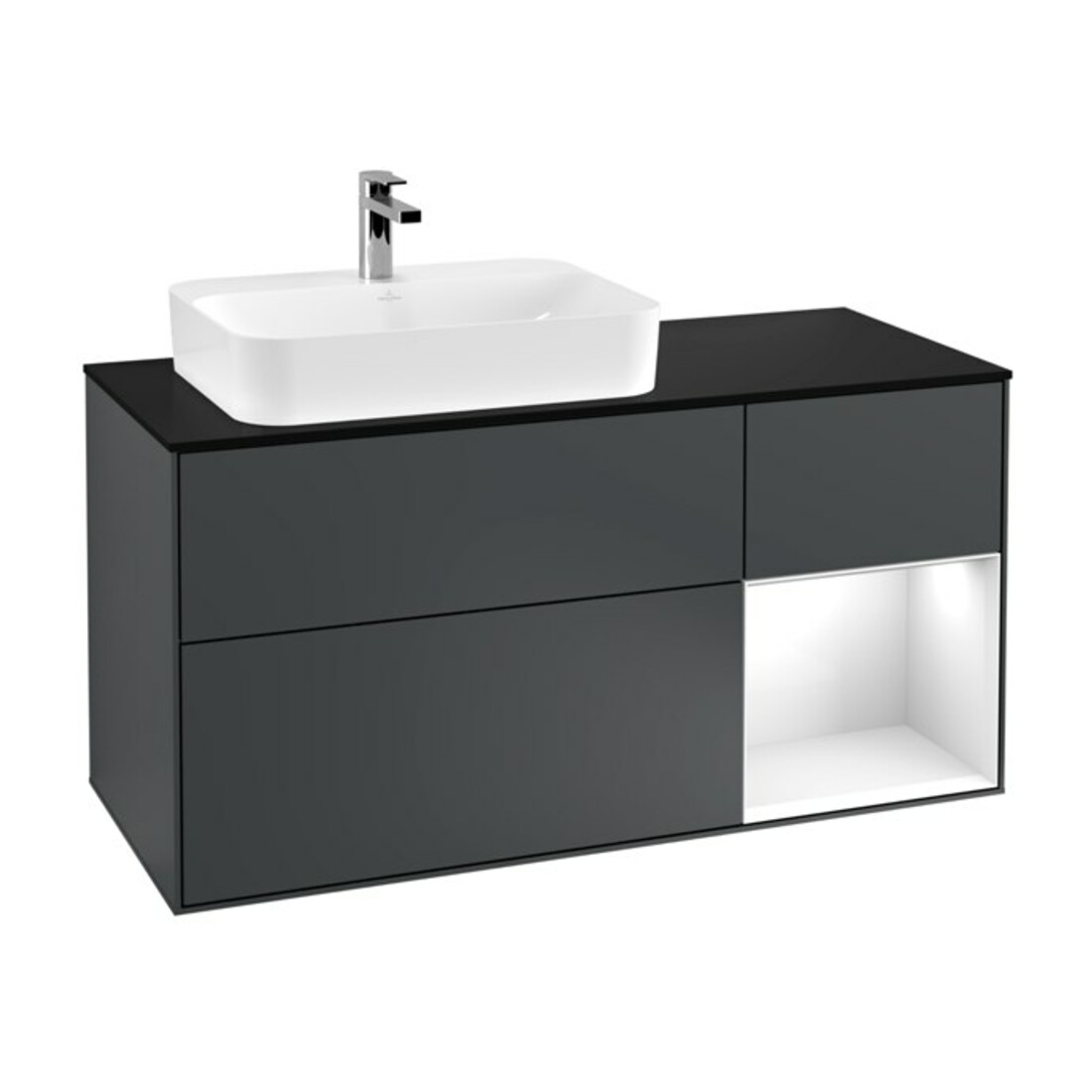 V&B Waschtischunterschrank Wandbeleuchtung Finion 120cm, Pl b m, Rg r g w La, md bl. m Lac