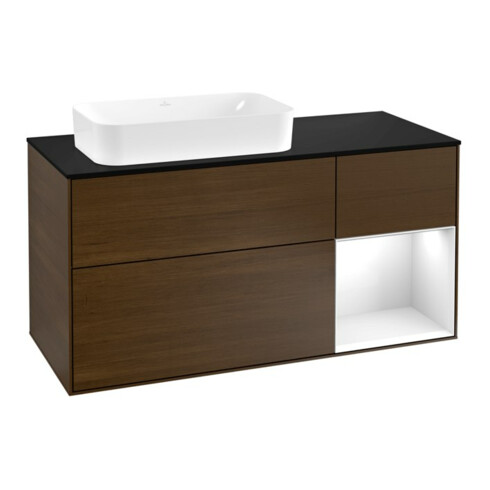V&B Waschtischunterschrank Wandbeleuchtung Finion 120cm, Pl b m, Rg r glo wh. Lac, wal ven