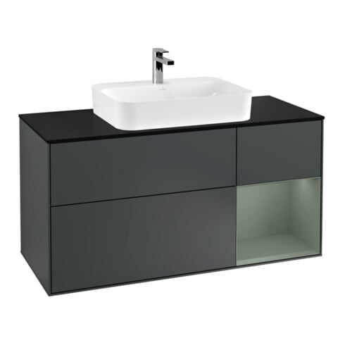 V&B Waschtischunterschrank Wandbeleuchtung Finion 120cm, Pl b m, Rg r Oli. m, md bl. m Lac