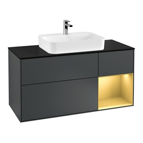 V&B Waschtischunterschrank Wandbeleuchtung Finion 120cm, Pl b m, Rg re gol m, md bl. m Lac