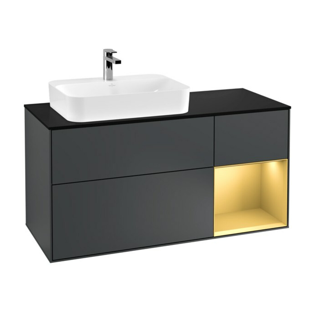 V&B Waschtischunterschrank Wandbeleuchtung Finion 120cm, Pl b m, Rg re gol m, md bl. m Lac
