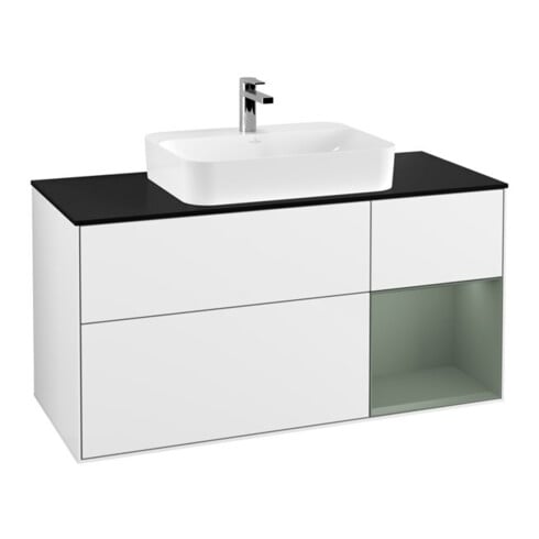 V&B Waschtischunterschrank Wandbeleuchtung Finion 120cm, Pl b m, Rg re Oli. m, glo wh. Lac