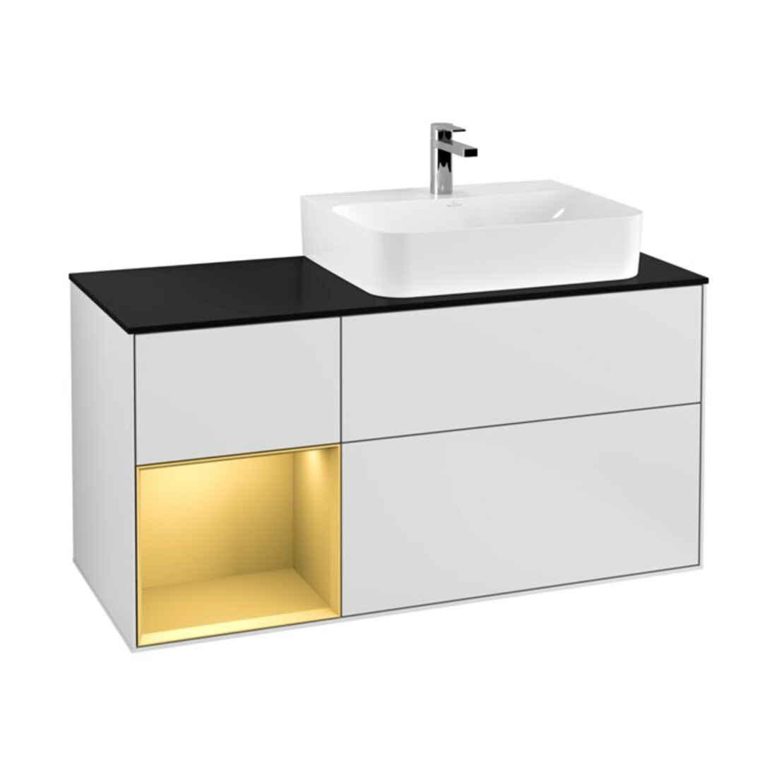 V&B Waschtischunterschrank Wandbeleuchtung Finion 120cm, Pl bla m, Reg li gol m, wh. m Lac