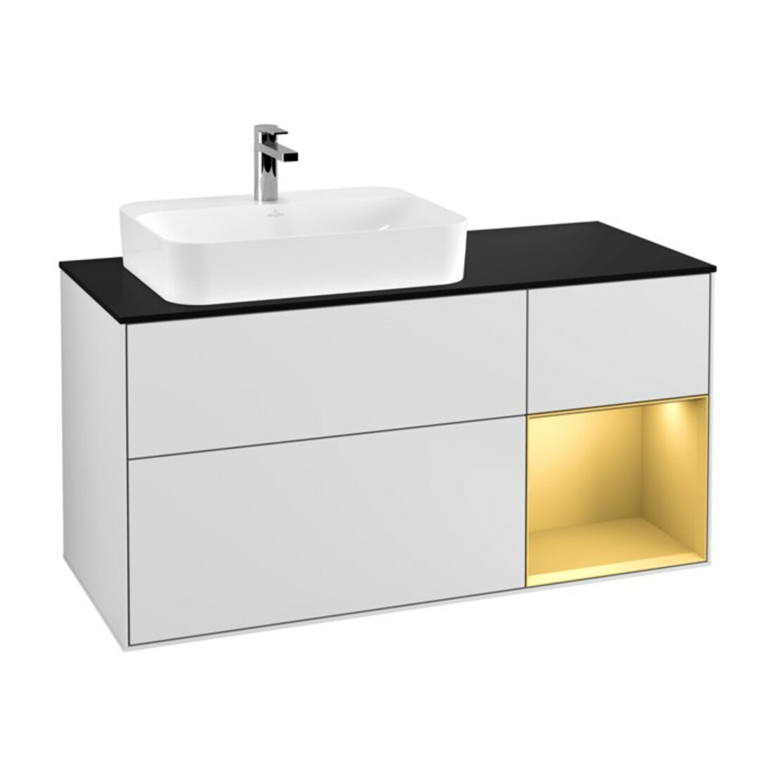 V&B Waschtischunterschrank Wandbeleuchtung Finion 120cm, Pl bla m, Reg re gol m, wh. m Lac