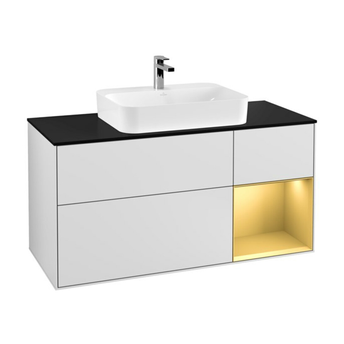 V&B Waschtischunterschrank Wandbeleuchtung Finion 120cm, Pl bla m, Reg re gol m, wh. m Lac