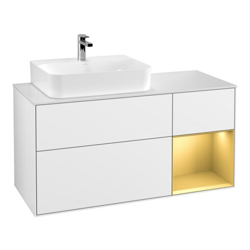 V&B Waschtischunterschrank Wandbeleuchtung Finion 120cm, Pl w m, Reg li gol m, glo wh. Lac