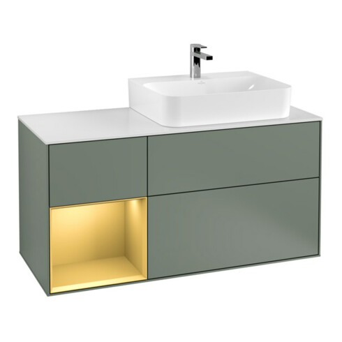 V&B Waschtischunterschrank Wandbeleuchtung Finion 120cm, Pl w m, Reg li gol m, Oli. m Lac