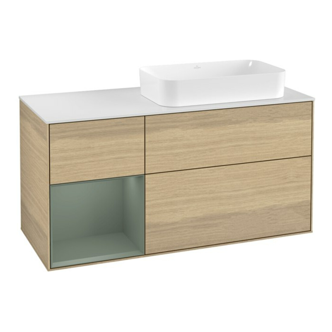 V&B Waschtischunterschrank Wandbeleuchtung Finion 120cm, Pl w m, Reg li Oli. m Lac, Oa ven