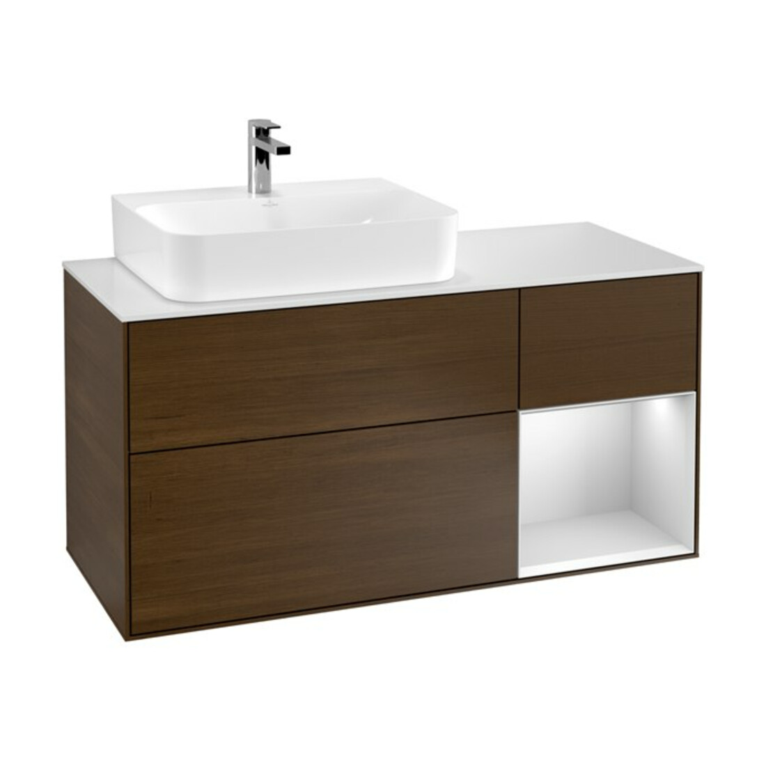 V&B Waschtischunterschrank Wandbeleuchtung Finion 120cm, Pl w m, Reg li wh. m Lac, wal ven