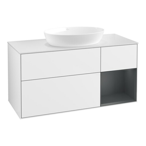 V&B Waschtischunterschrank Wandbeleuchtung Finion 120cm, Pl w m, Reg md m Lac, glo wh. Lac