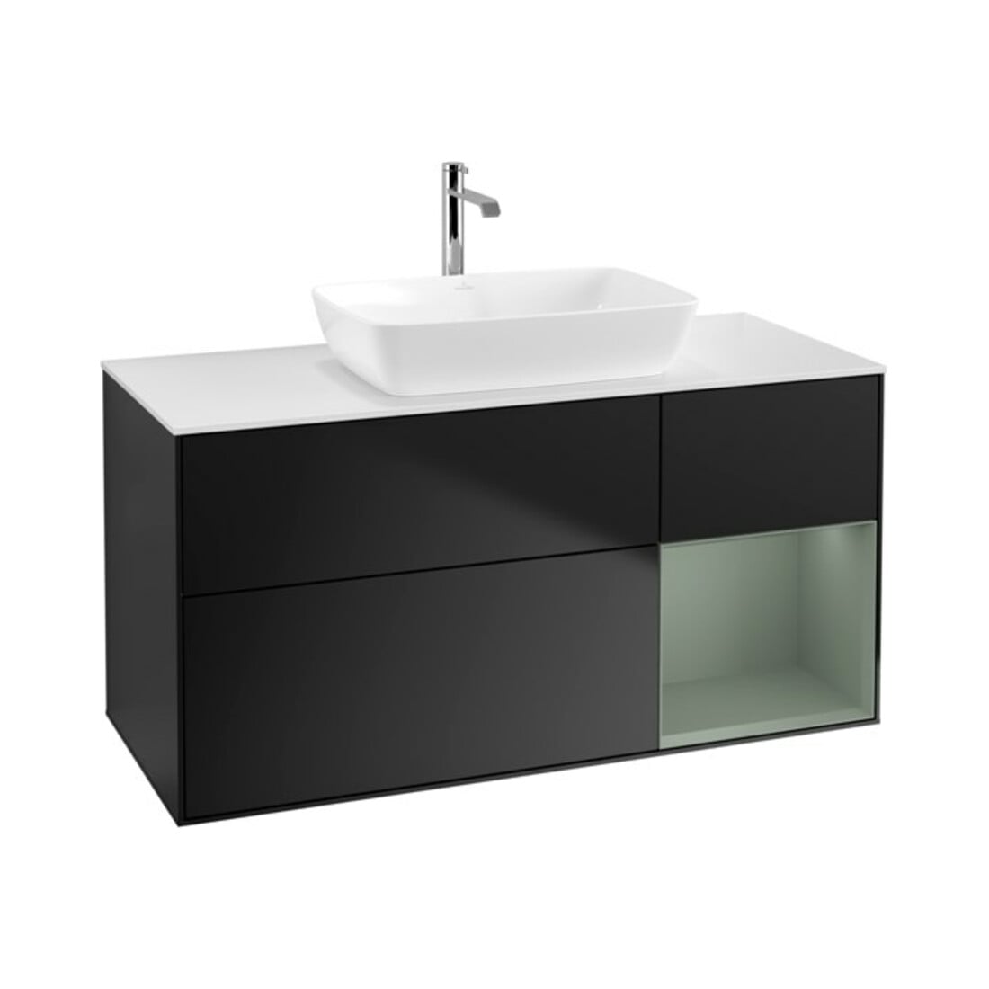 V&B Waschtischunterschrank Wandbeleuchtung Finion 120cm, Pl w m, Reg Oli. m Lac, bla m Lac
