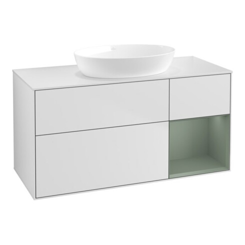 V&B Waschtischunterschrank Wandbeleuchtung Finion 120cm, Pl w m, Reg Oli. m Lac, wh. m Lac