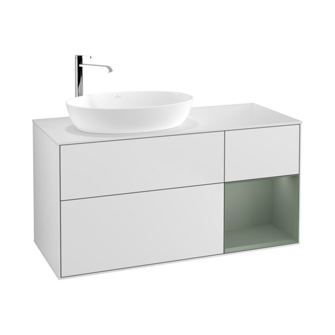 V&B Waschtischunterschrank Wandbeleuchtung Finion 120cm, Pl w m, Reg Oli. m Lac, wh. m Lac