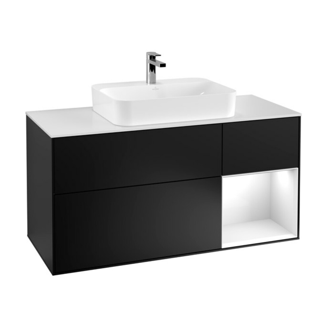 V&B Waschtischunterschrank Wandbeleuchtung Finion 120cm, Pl w m, Reg re glo wh., bla m Lac