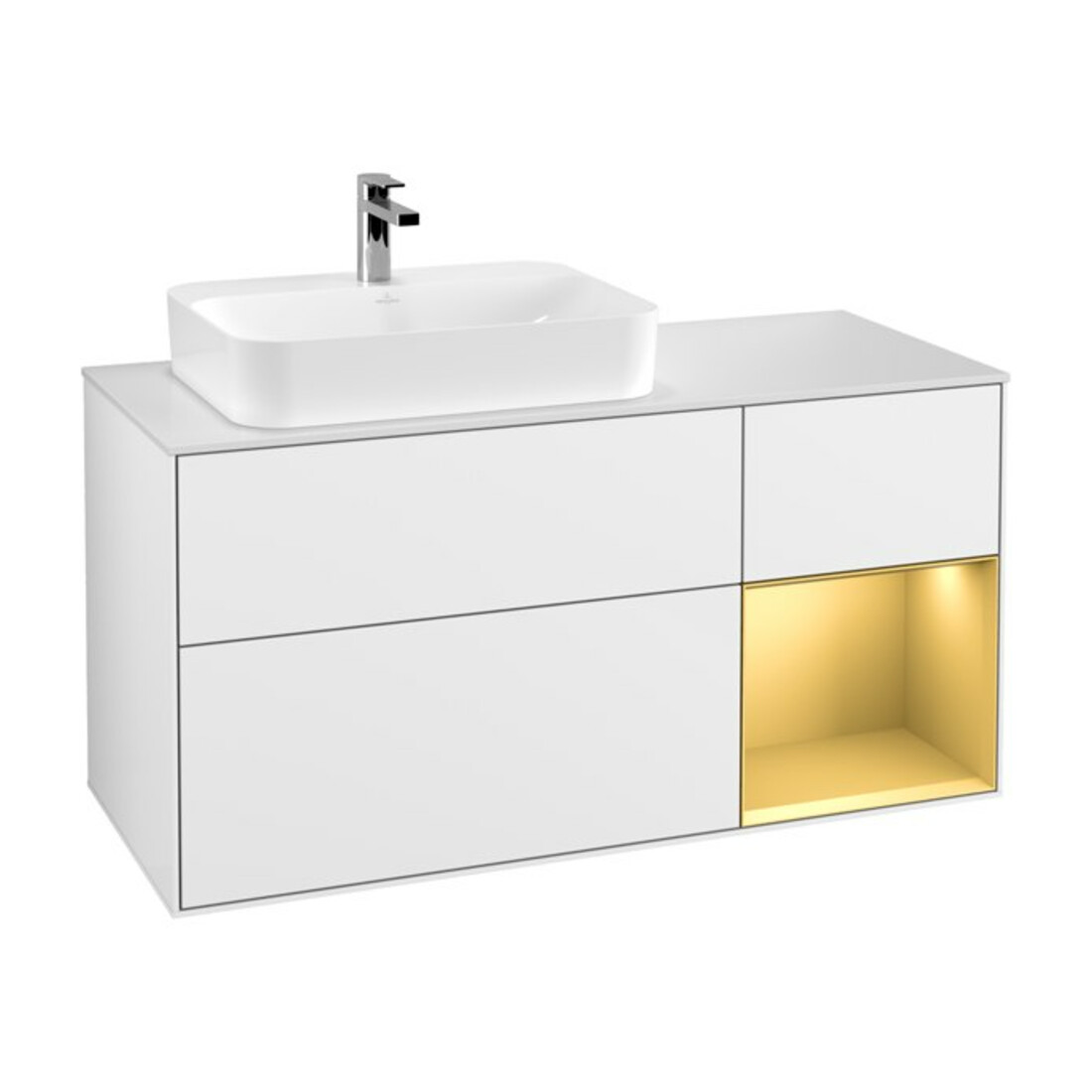 V&B Waschtischunterschrank Wandbeleuchtung Finion 120cm, Pl w m, Reg re gol m, glo wh. Lac