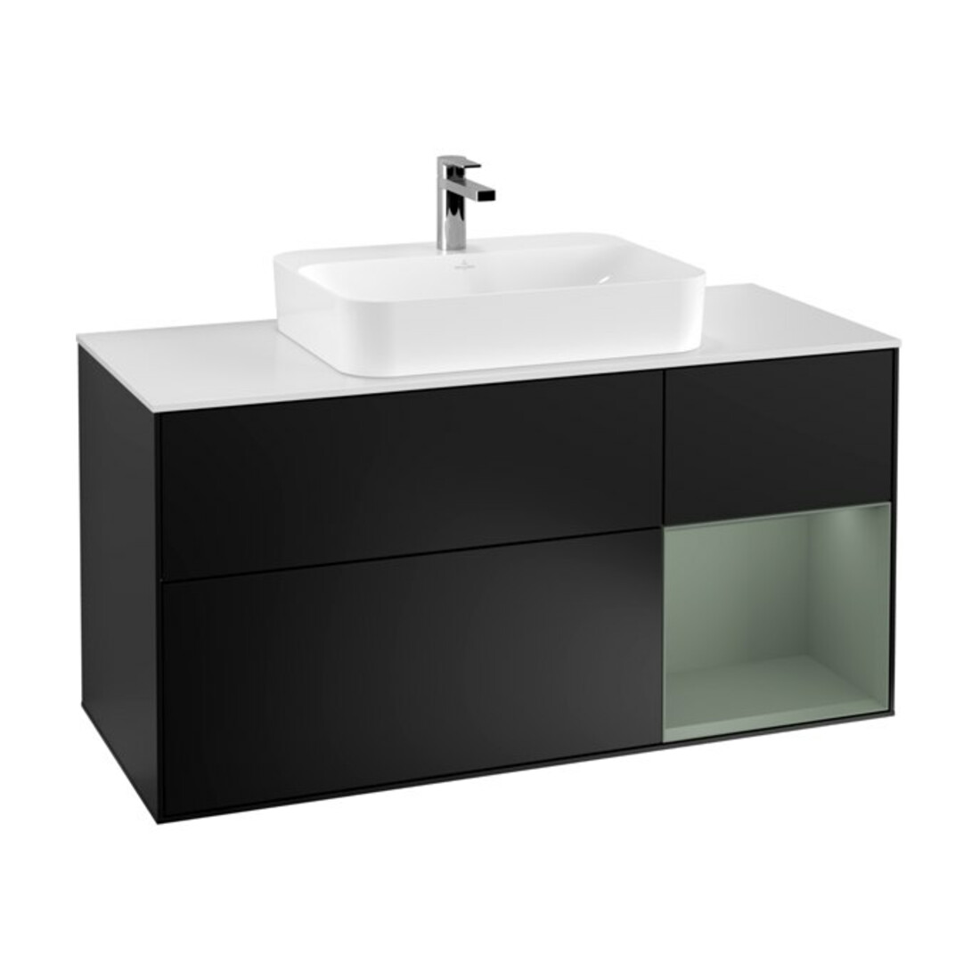 V&B Waschtischunterschrank Wandbeleuchtung Finion 120cm, Pl w m, Reg re Oli. m, bla m Lac