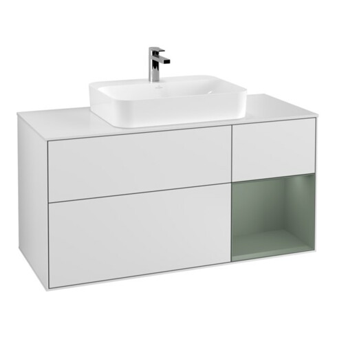 V&B Waschtischunterschrank Wandbeleuchtung Finion 120cm, Pl w m, Reg re Oli. m, wh. m Lac