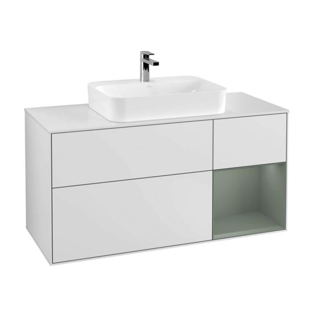 V&B Waschtischunterschrank Wandbeleuchtung Finion 120cm, Pl w m, Reg re Oli. m, wh. m Lac