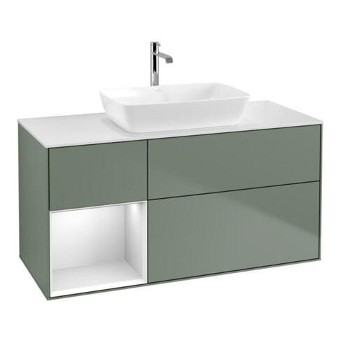 V&B Waschtischunterschrank Wandbeleuchtung Finion 120cm, Pl w m, Reg wh. m Lac, Oli. m Lac