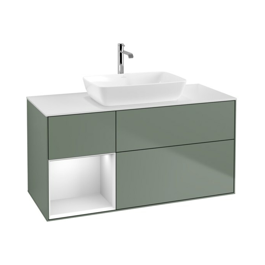 V&B Waschtischunterschrank Wandbeleuchtung Finion 120cm, Pl w m, Reg wh. m Lac, Oli. m Lac