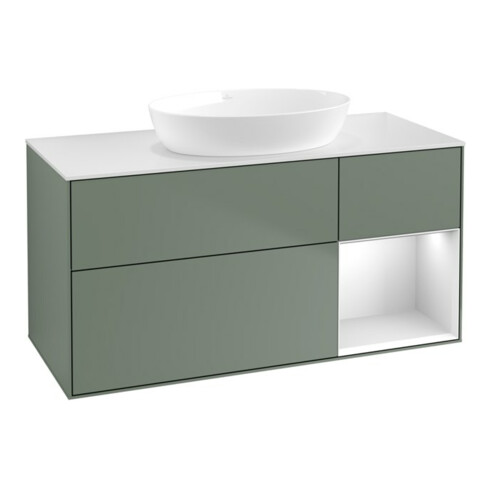 V&B Waschtischunterschrank Wandbeleuchtung Finion 120cm, Pl w m, Reg wh. m Lac, Oli. m Lac