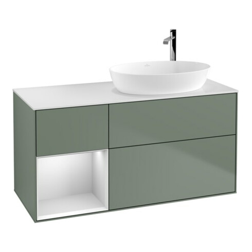 V&B Waschtischunterschrank Wandbeleuchtung Finion 120cm, Pl w m, Reg wh. m Lac, Oli. m Lac