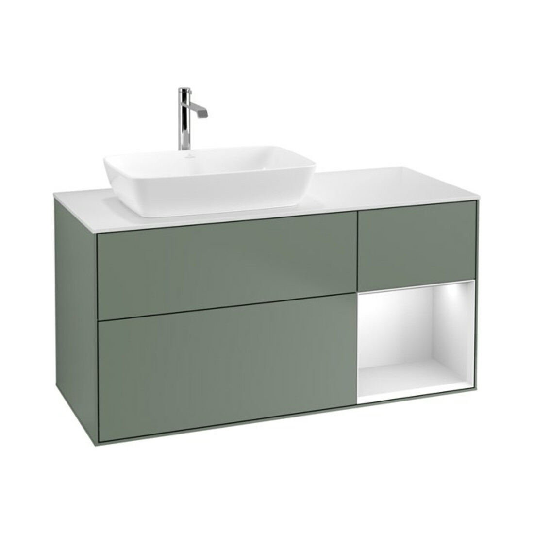 V&B Waschtischunterschrank Wandbeleuchtung Finion 120cm, Pl w m, Reg wh. m Lac, Oli. m Lac