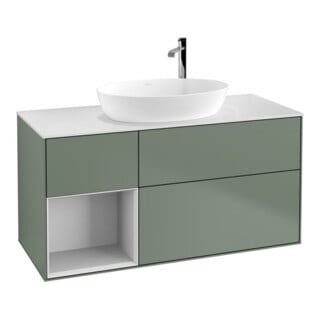 V&B Waschtischunterschrank Wandbeleuchtung Finion 120cm, Pl w m, Reg wh. m Lac, Oli. m Lac