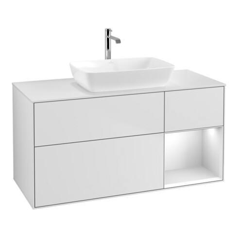 V&B Waschtischunterschrank Wandbeleuchtung Finion 120cm, Pl w m, Reg wh. m Lac, wh. m Lac