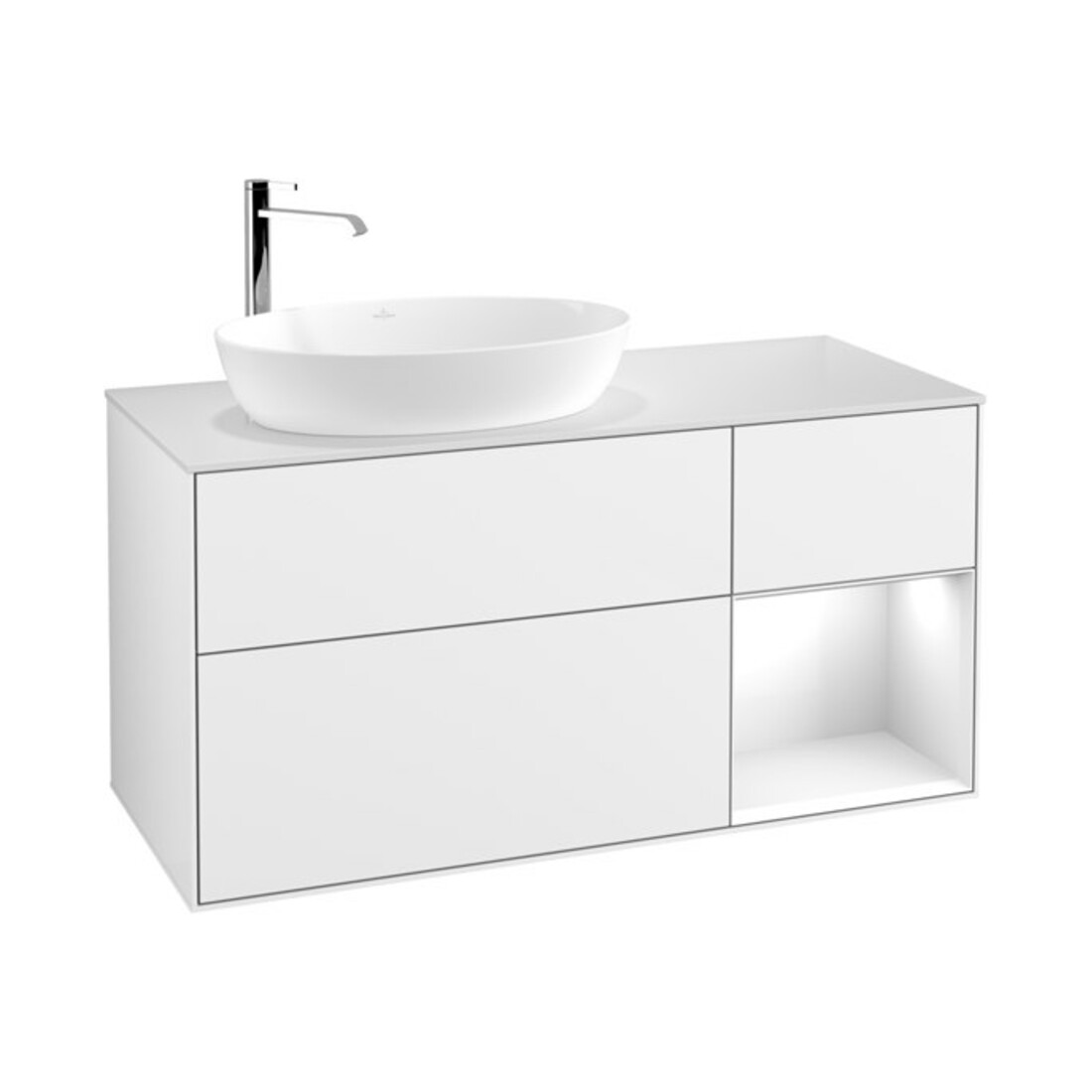 V&B Waschtischunterschrank Wandbeleuchtung Finion 120cm, Pl w m, Rg g wh. Lac, glo wh. Lac