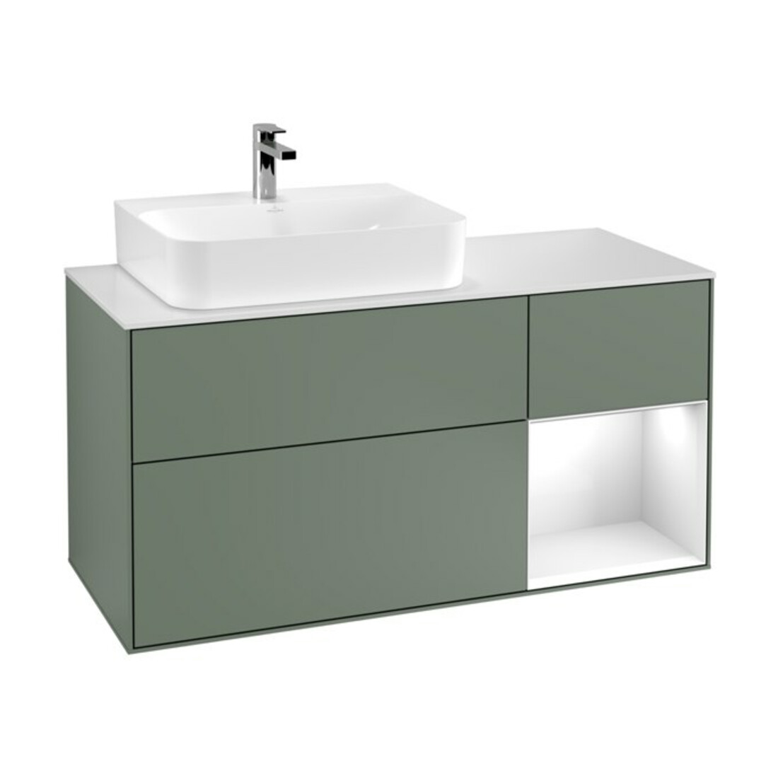 V&B Waschtischunterschrank Wandbeleuchtung Finion 120cm, Pl w m, Rg l g w Lac, Oli. m Lac