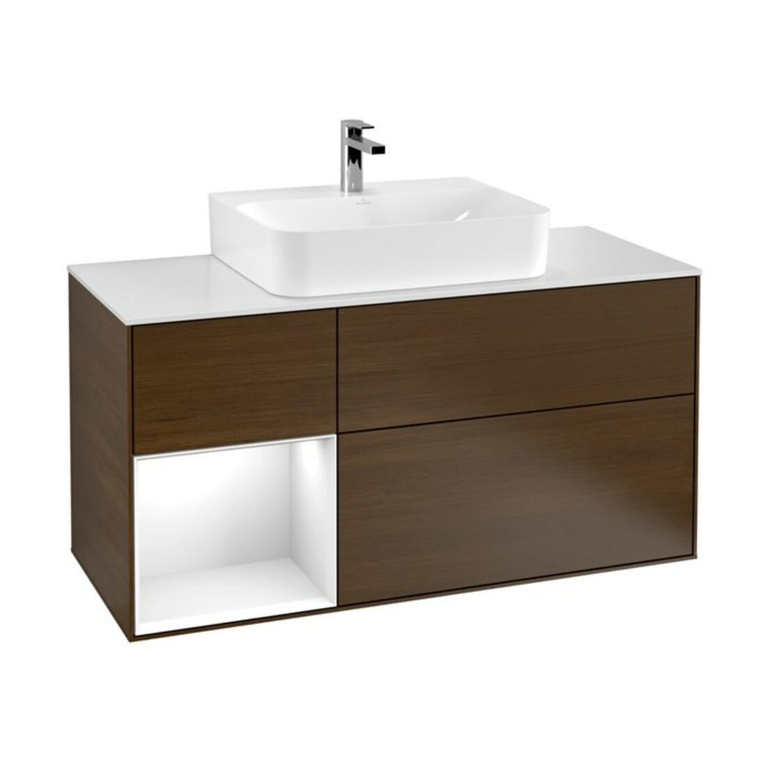 V&B Waschtischunterschrank Wandbeleuchtung Finion 120cm, Pl w m, Rg l glo wh. Lac, wal ven