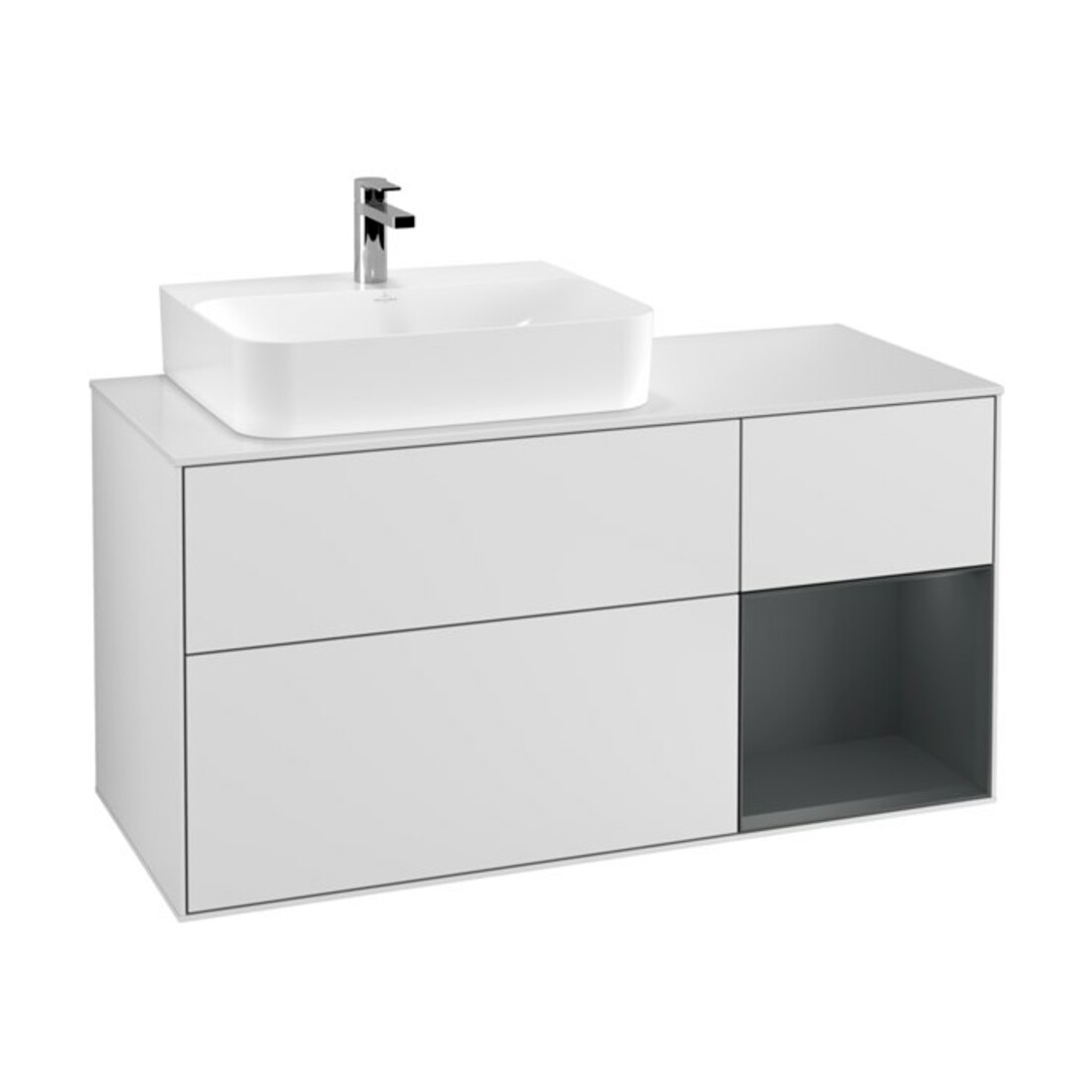 V&B Waschtischunterschrank Wandbeleuchtung Finion 120cm, Pl w m, Rg l md b m La, wh. m Lac