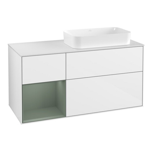 V&B Waschtischunterschrank Wandbeleuchtung Finion 120cm, Pl w m, Rg l Ol m La, glo wh. Lac