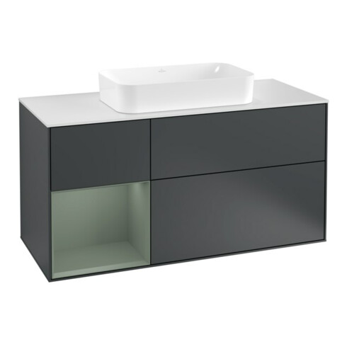 V&B Waschtischunterschrank Wandbeleuchtung Finion 120cm, Pl w m, Rg l Ol m La, md b m Lac