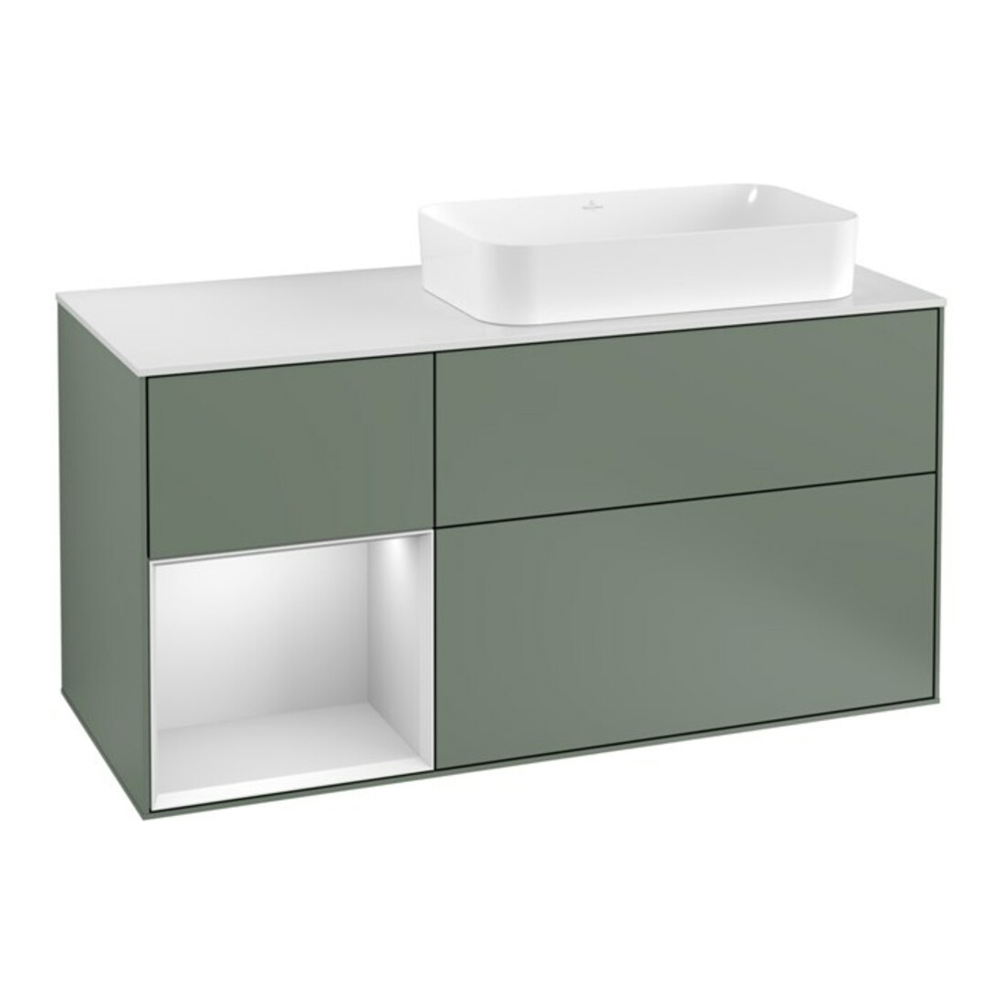 V&B Waschtischunterschrank Wandbeleuchtung Finion 120cm, Pl w m, Rg l w m Lac, Oli. m Lac