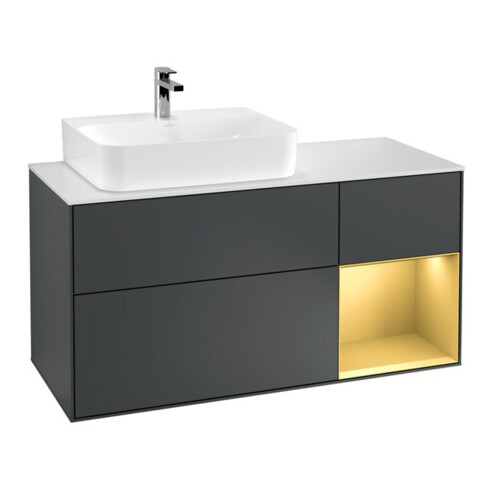 V&B Waschtischunterschrank Wandbeleuchtung Finion 120cm, Pl w m, Rg li gol m, md bl. m Lac