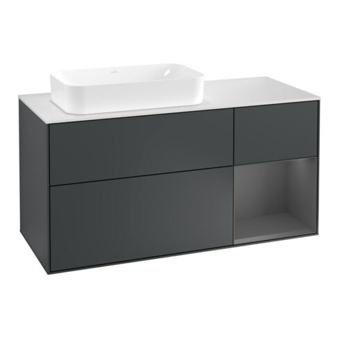 V&B Waschtischunterschrank Wandbeleuchtung Finion 120cm, Pl w m, Rg r A m, md bl. m Lac