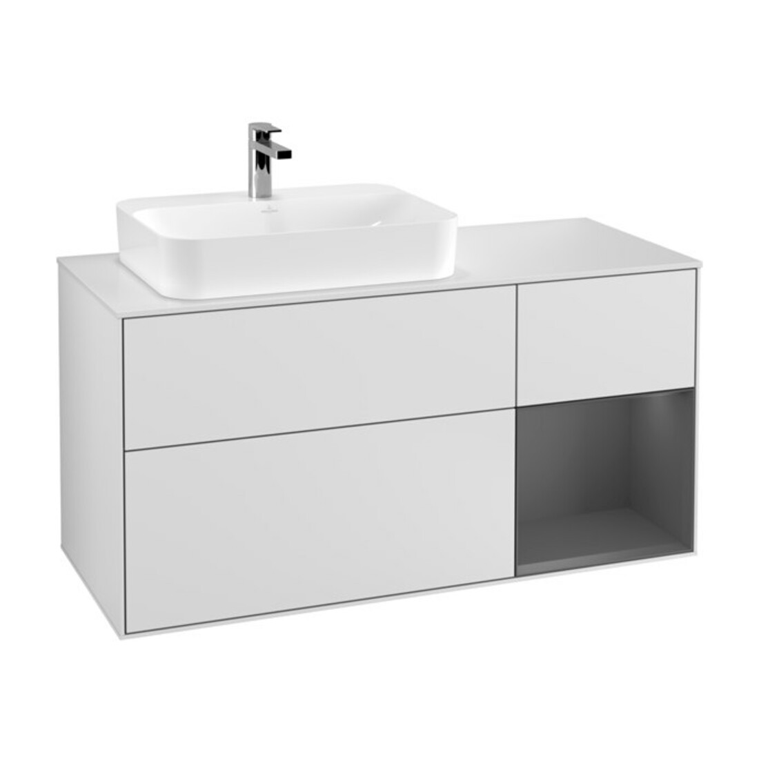 V&B Waschtischunterschrank Wandbeleuchtung Finion 120cm, Pl w m, Rg r A m, wh. m Lac