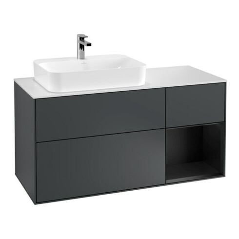 V&B Waschtischunterschrank Wandbeleuchtung Finion 120cm, Pl w m, Rg r b m La, md bl. m Lac